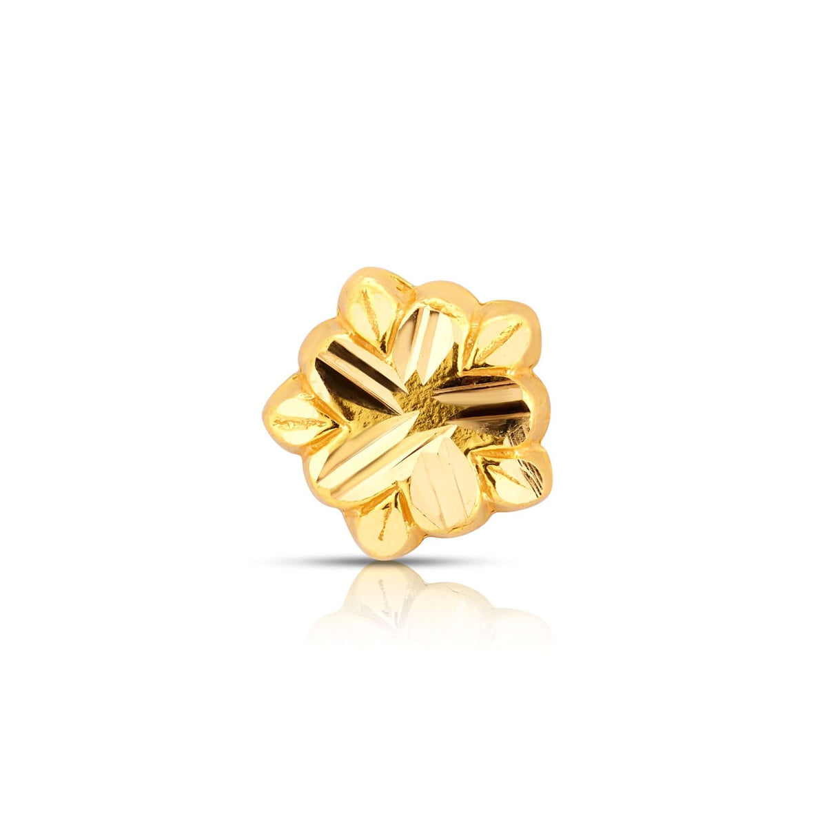 Five-petal 18k gold nose pin with elegant floral design, crafted for everyday wear and traditional styling.