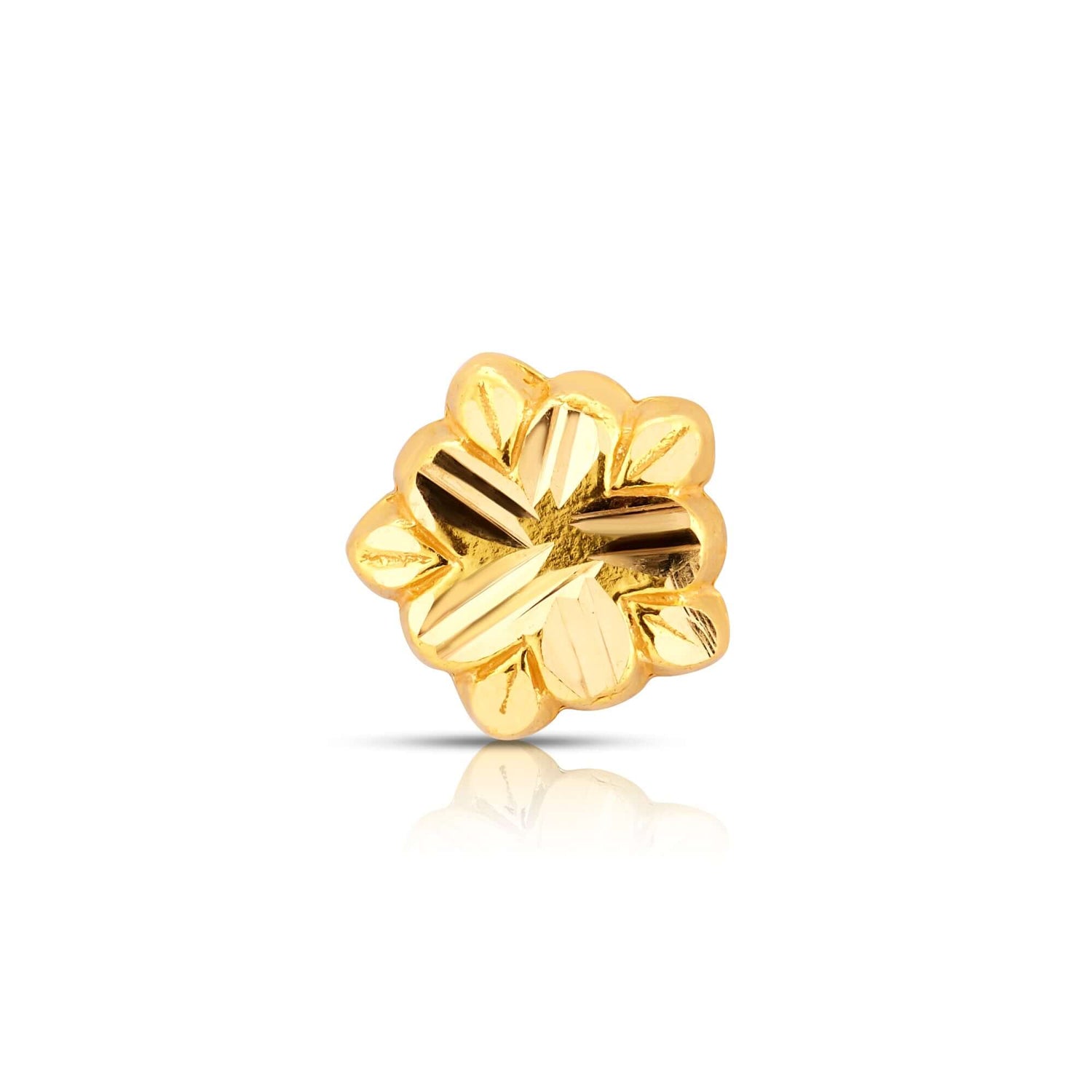 Five-petal 18k gold nose pin with elegant floral design, crafted for everyday wear and traditional styling.