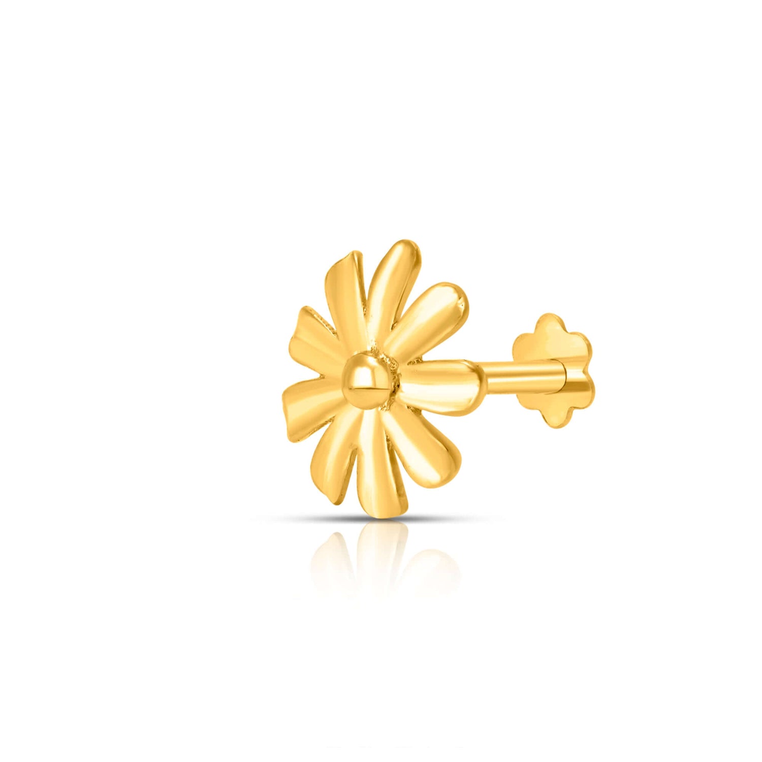 Petal Radiance gold nose pin in 18K featuring elegant floral design with geometric patterns for round-shaped faces
