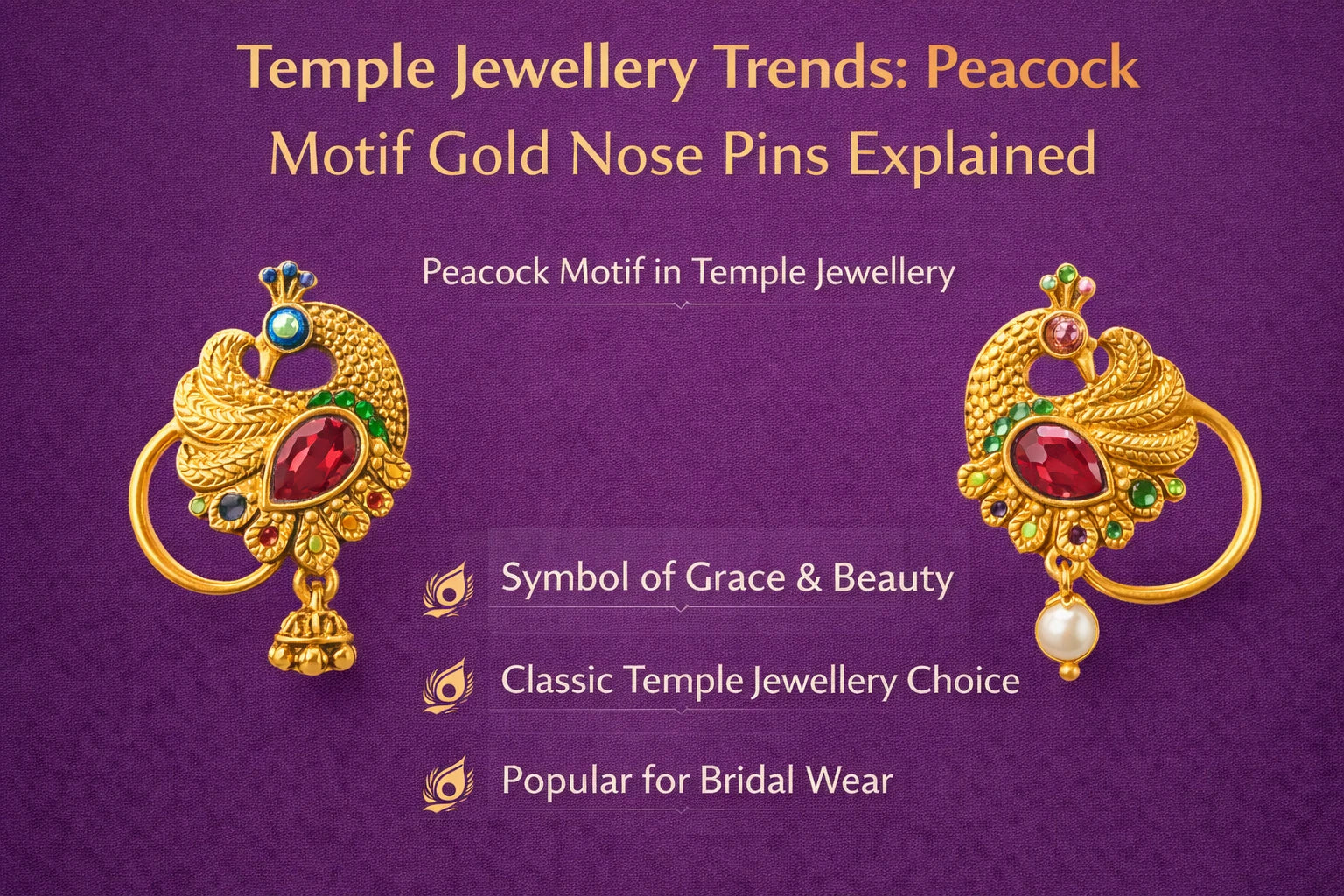 Image Shown Temple Jewellery Trends: Peacock Motif Gold Nose Pins Explained
