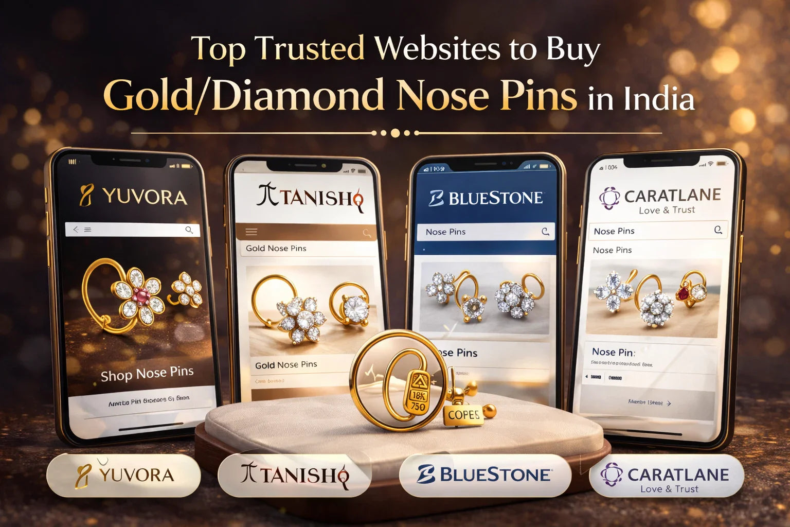 Image shown -Top Trusted Websites to Buy Gold/Diamond nose pins in India