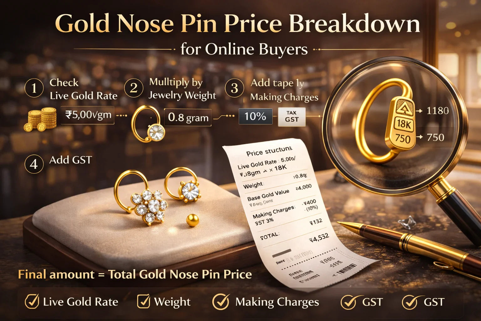 Image shown - Gold Nose Pin Price Breakdown for Online Buyers