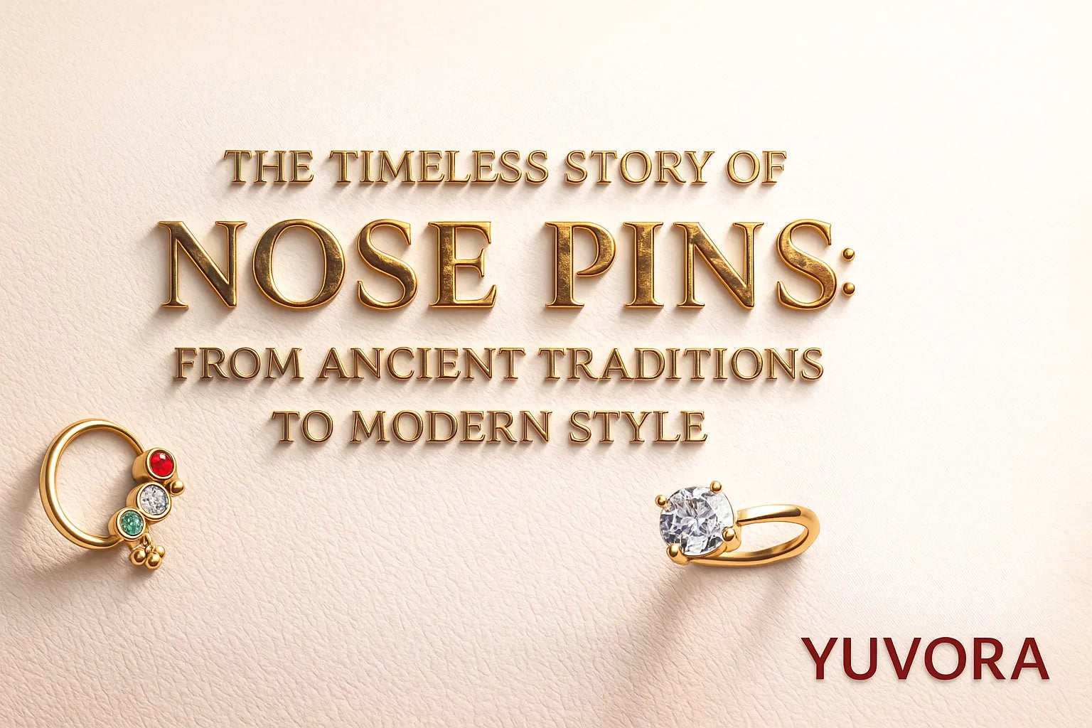 3D blog cover showcasing the title ‘The Timeless Story of Nose Pins: From Ancient Traditions to Modern Style’ in gold lettering on a soft cream textured background, with the Yuvora logo in the corner