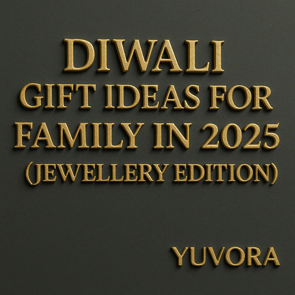 3D blog cover image with embossed gold text reading ‘Diwali Gift Ideas for Family in 2025 (Jewellery Edition)’ on a textured charcoal gray background, featuring the Yuvora logo in the corner.