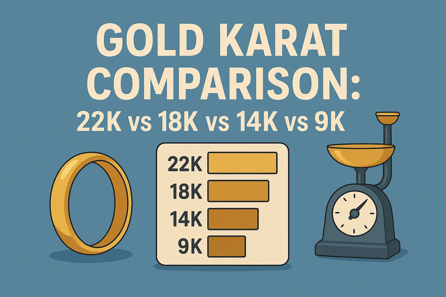 Image shown is Gold Karat Comparison: 22K vs 18K vs 14K vs 9K