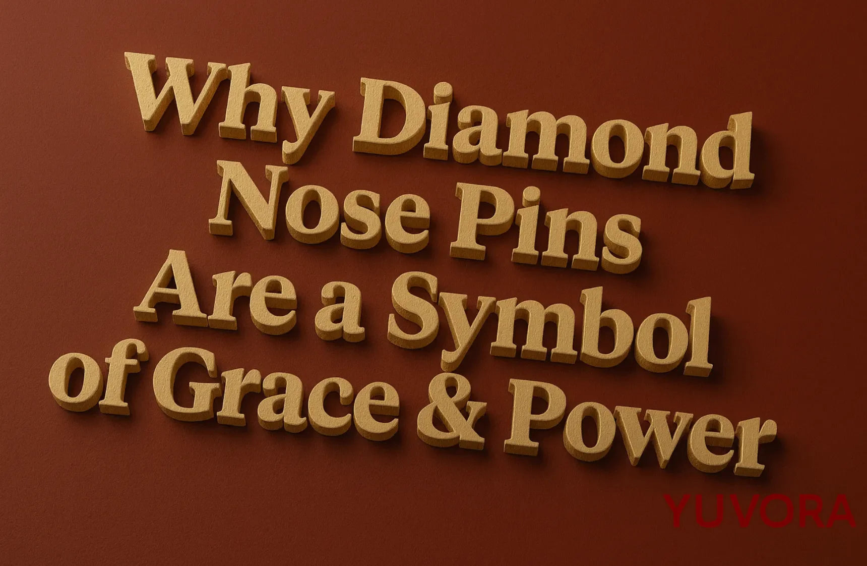 3D blog cover image with the title ‘Why Diamond Nose Pins Are a Symbol of Grace & Power’ in gold-textured lettering on a deep maroon background, featuring the Yuvora logo in the bottom corner.
