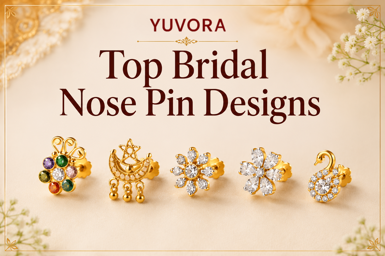 banner showing top bridal nose pin designs for indian wedding