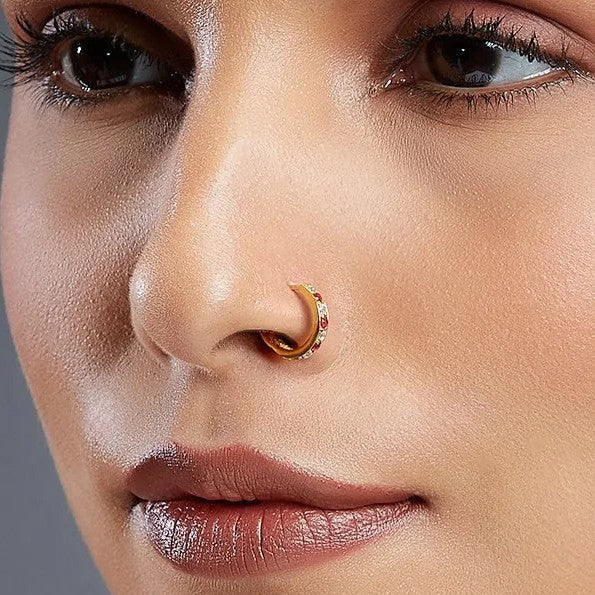 read and white cubic zirconia American diamond stone with 18 karats bis hallmarked gold nose ring for women