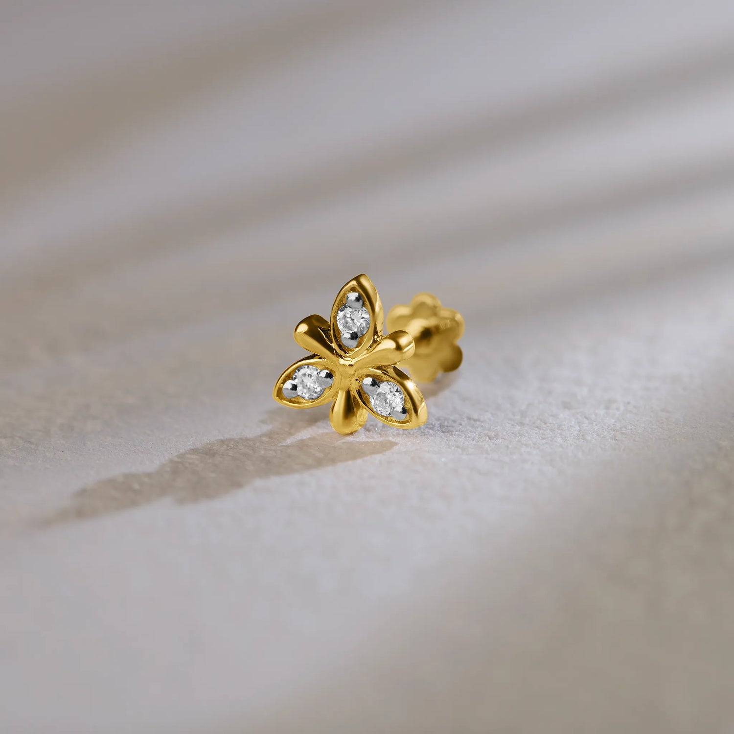 Trinity Bloom Three Petal Flower Inspired Nose Pin Gold With Diamond Women