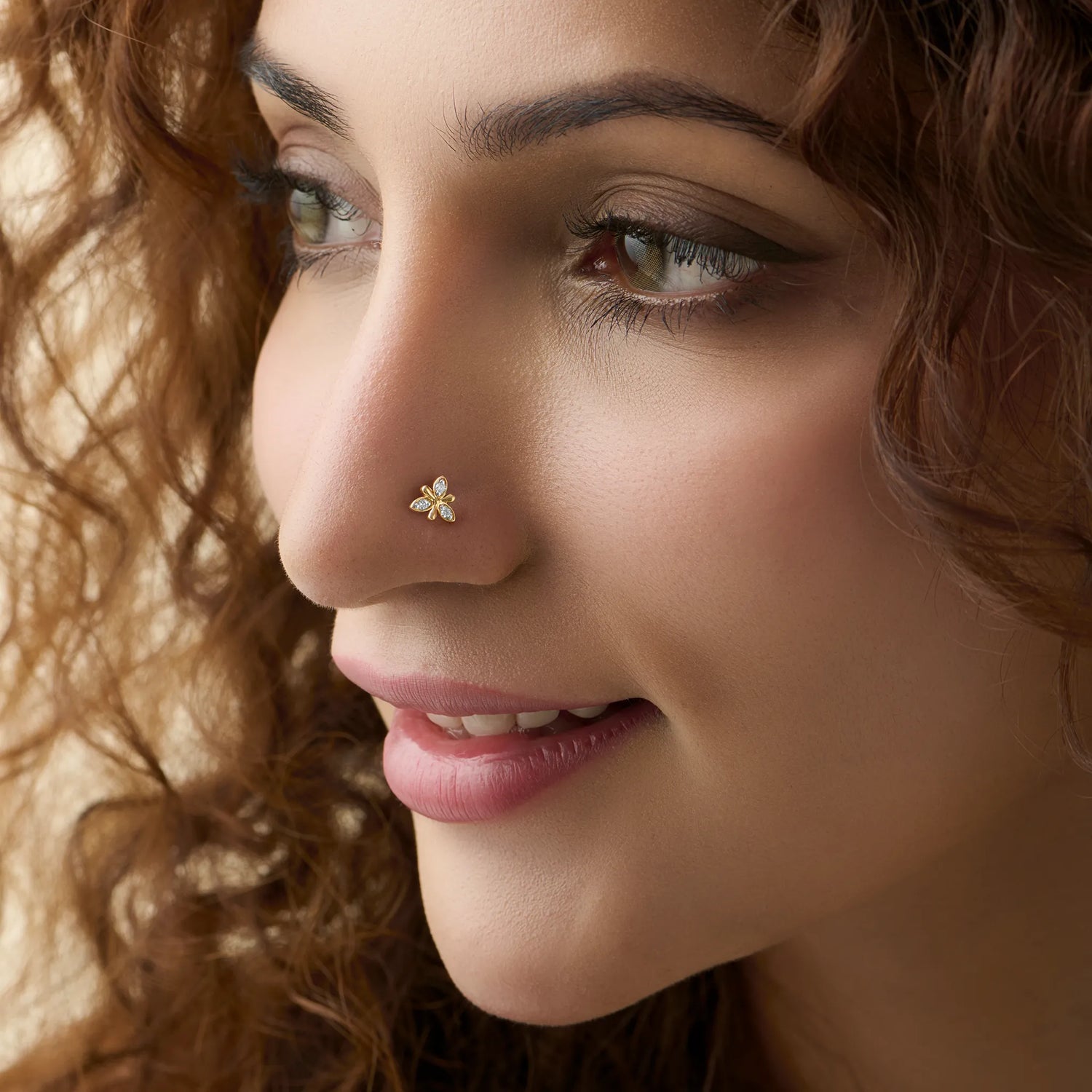 Trinity Bloom Three Petal Flower Inspired Nose Pin Gold With Diamond Women
