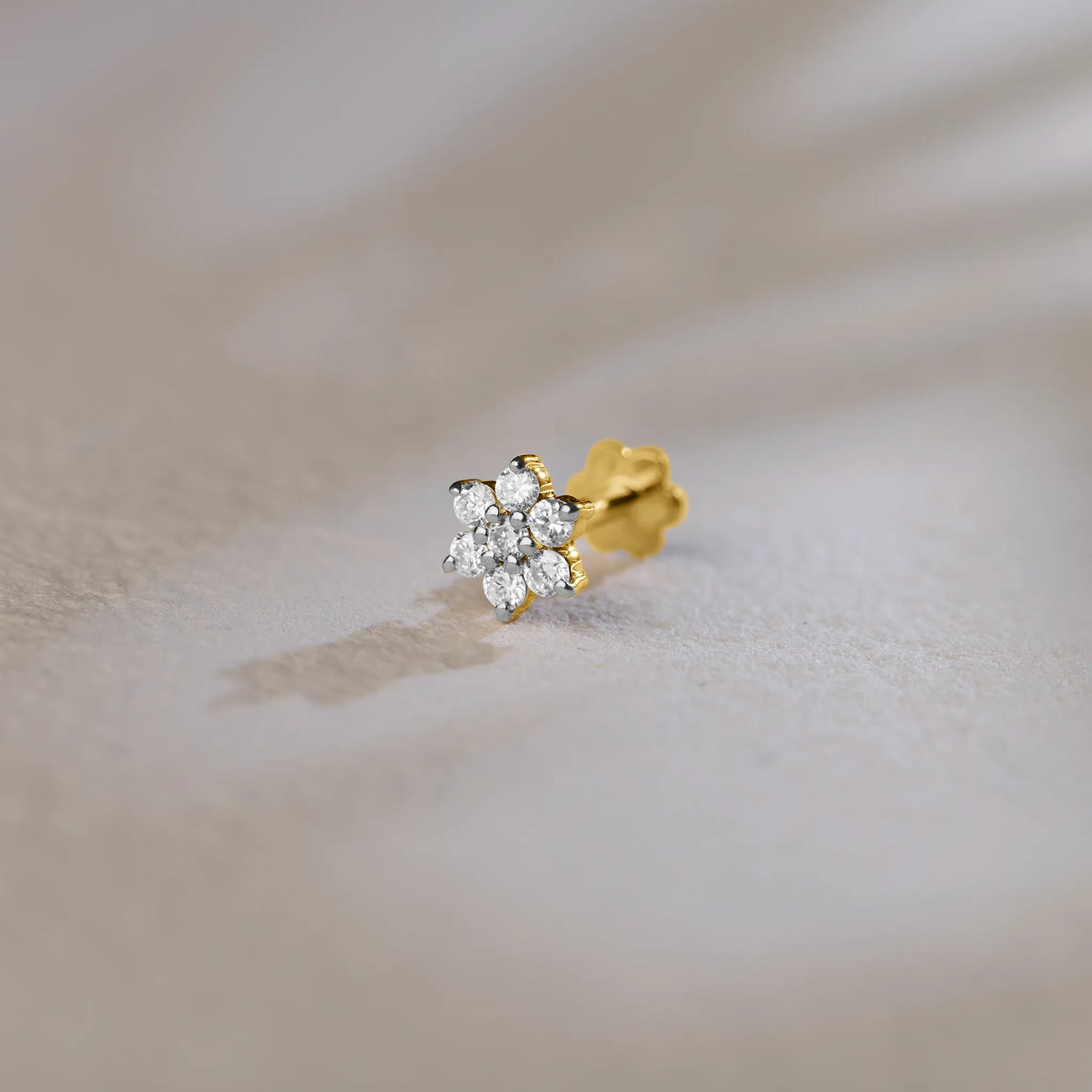 Blush Aura 6 Petal Flower Gold Diamond Nose Pin for Women