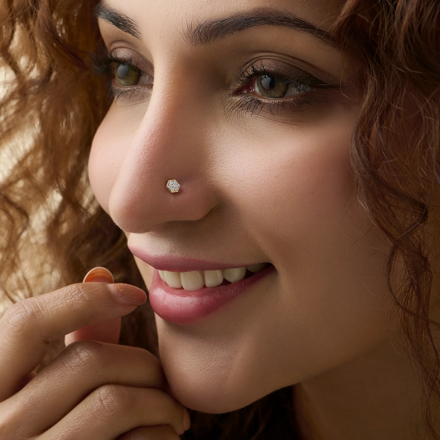 Minimal Hex Honeycomb Inspired Pattern Nose Pin Gold With Diamond