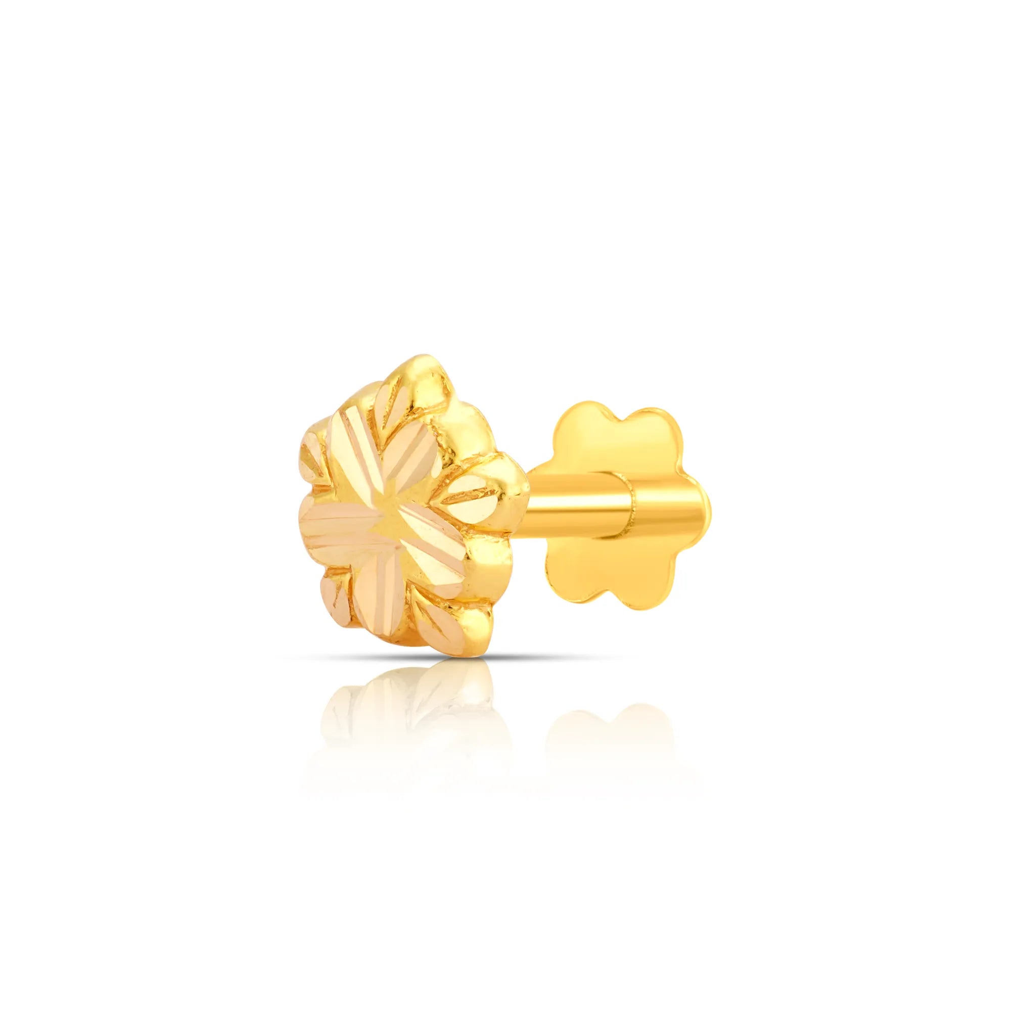 18k gold flower nose pin design with textured petals shown on white reflective background