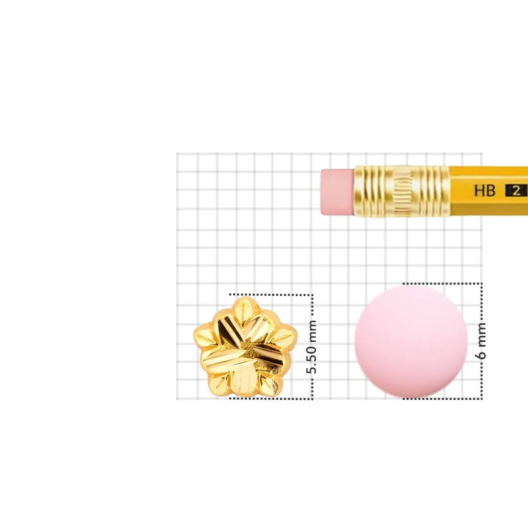 18k gold flower nose pin size guide showing 5.50 mm height and 6 mm width with grid and pencil for scale reference