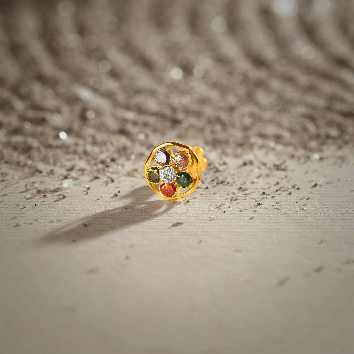 Sapphire Halo 18K Flower-Inspired Stone Nose Pin Gold