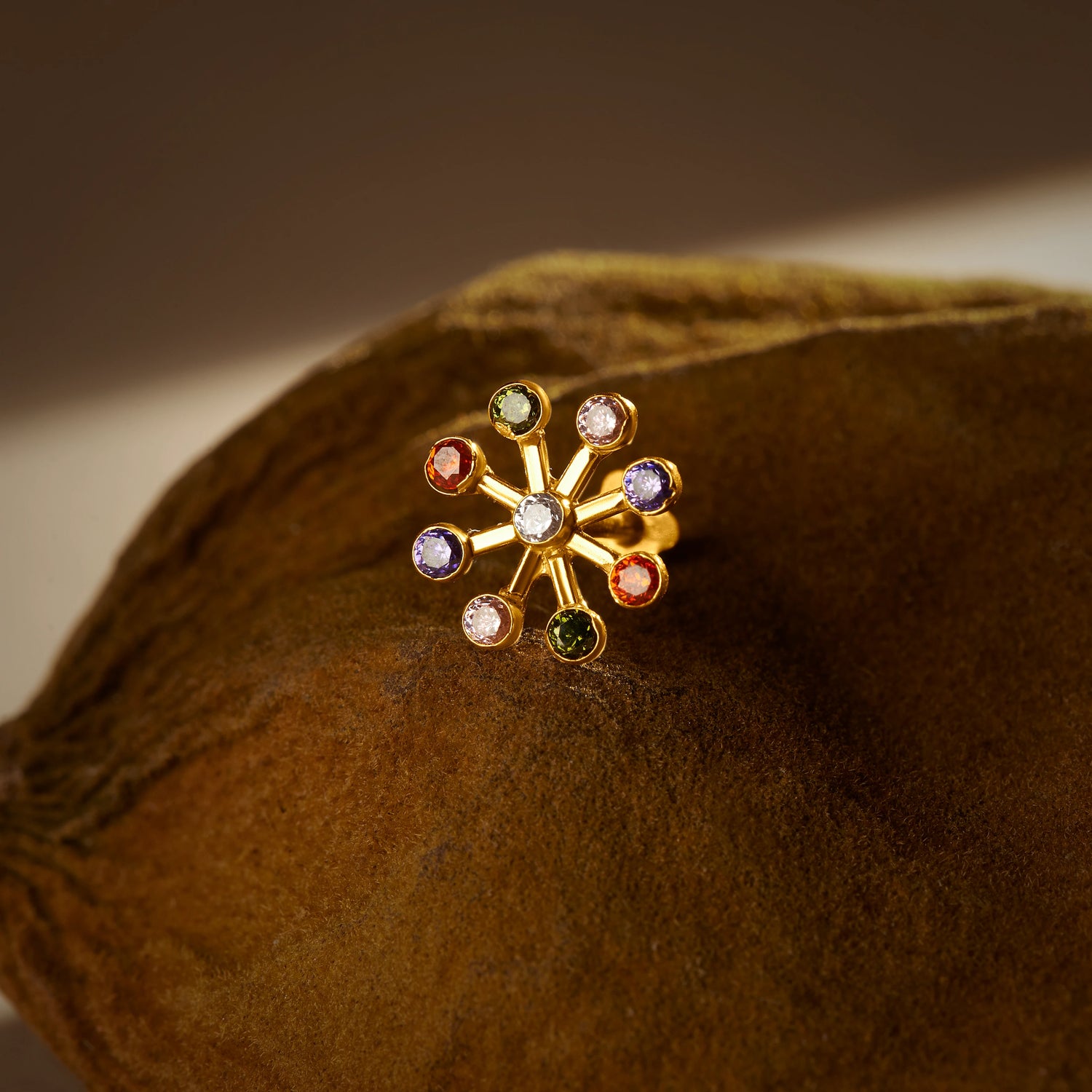 Stellar Compass 18K Star-Inspired Gold Stone Nose Pin For Females