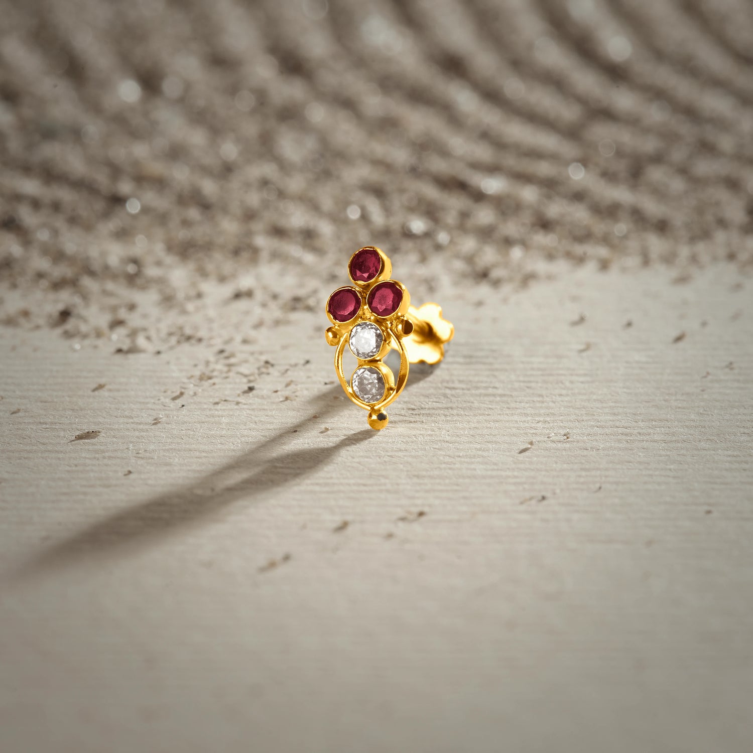 Sapphire Orbit 18K Leaf-Inspired Multi Colour Gold Nose Pin In Stone