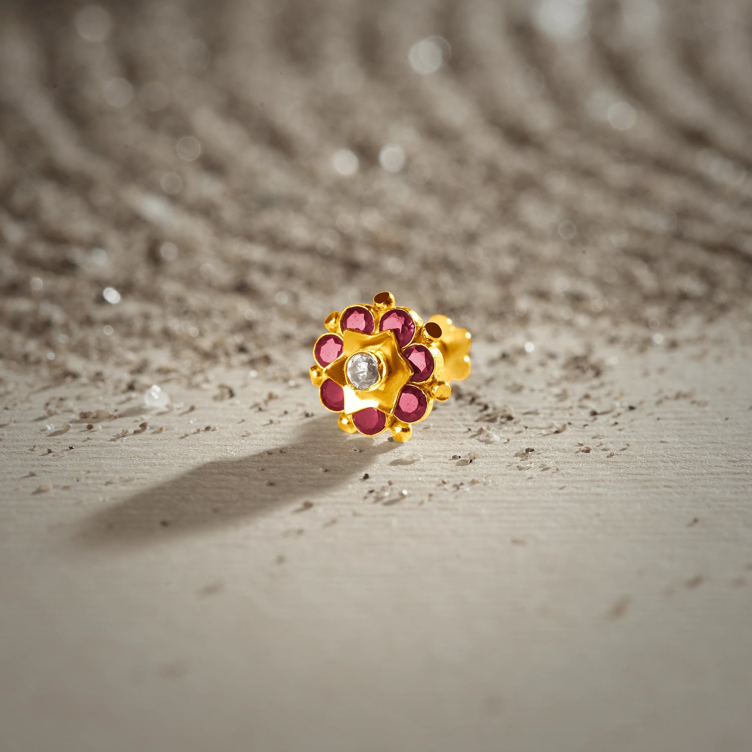 Noir Bloom 18K Small Flower Inspired Stone Nose Pin In Gold For Women
