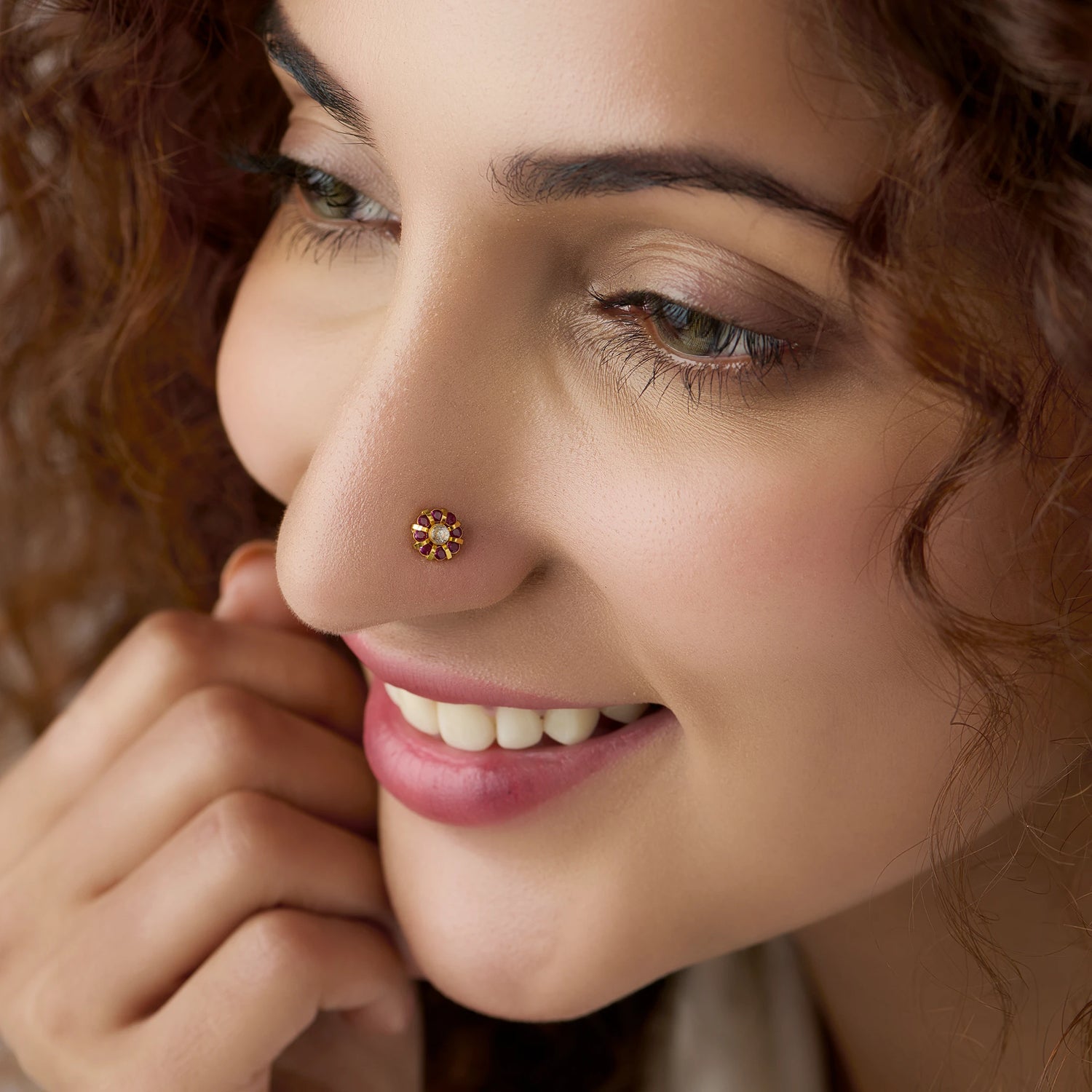 Blossom Crown 18K Flower Outburst Inspired Ruby Gold Nose Pin Online For Women