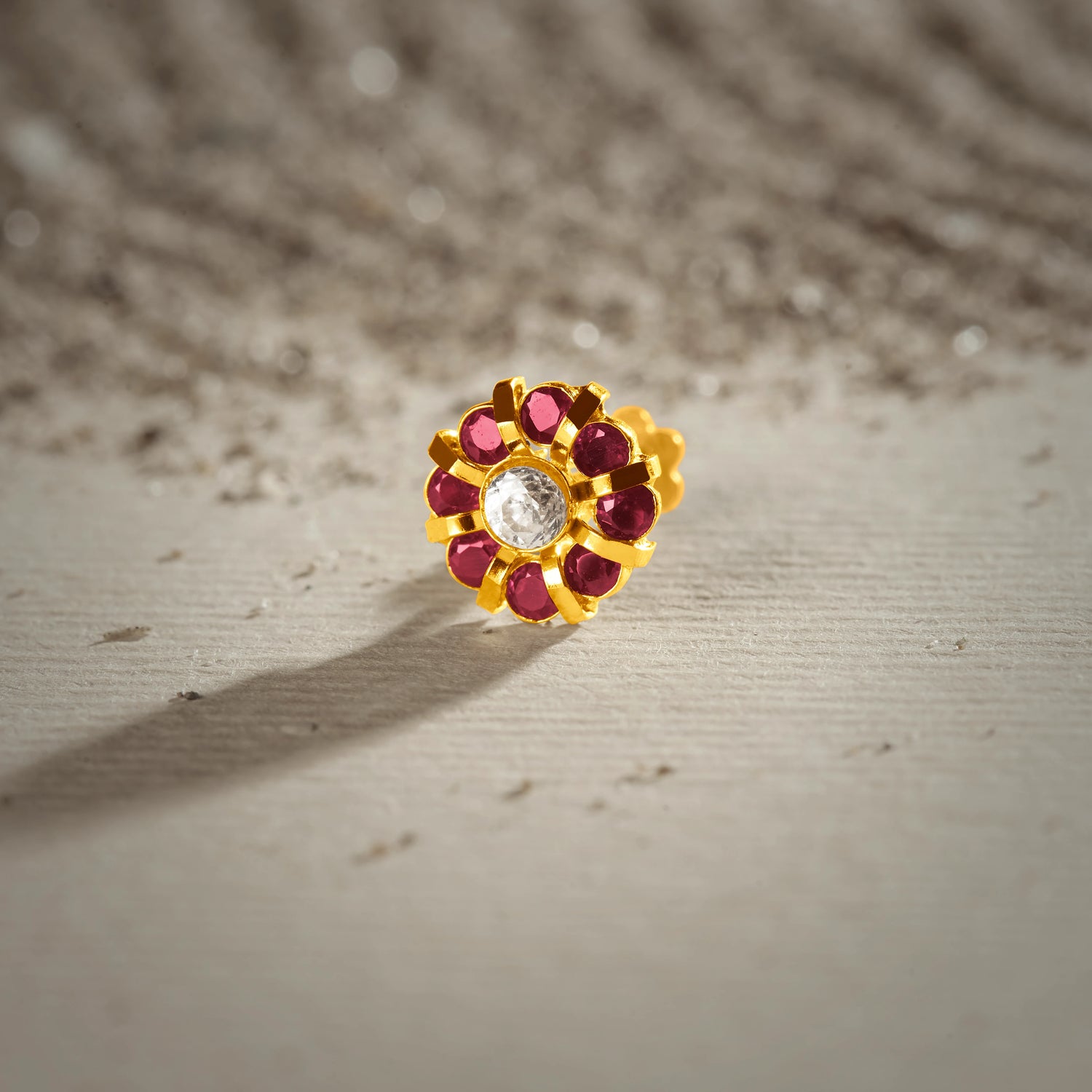 Blossom Crown 18K Flower Outburst Inspired Ruby Gold Nose Pin Online For Women