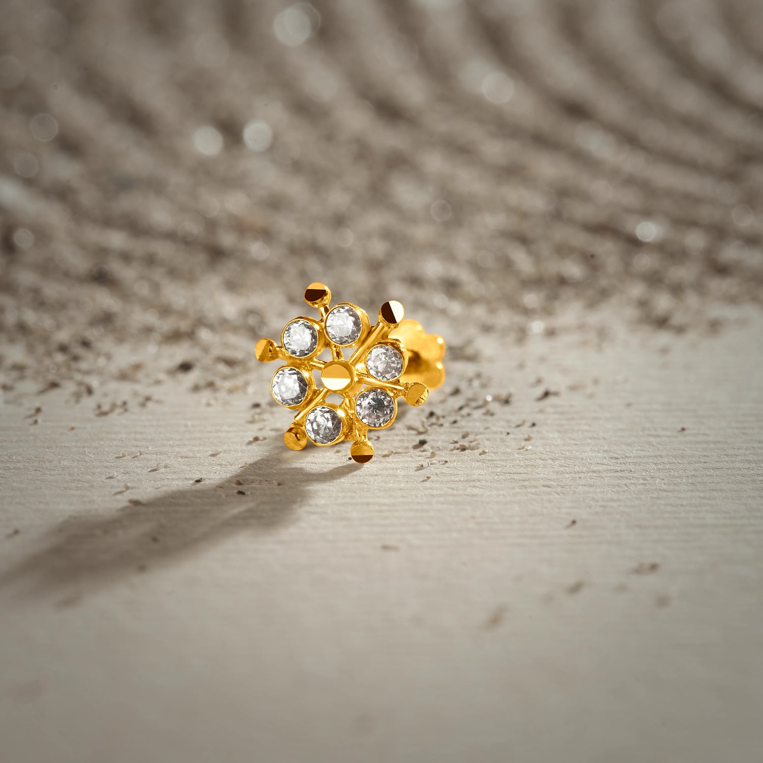Radiant Spokes 18K Wheel-Shaped Inspired Stone Gold Nose Pin For Women