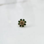 Gold nose pin design with green stone floral cluster on white background