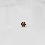 Nose pin design gold with blue stone floral cluster front view on white background