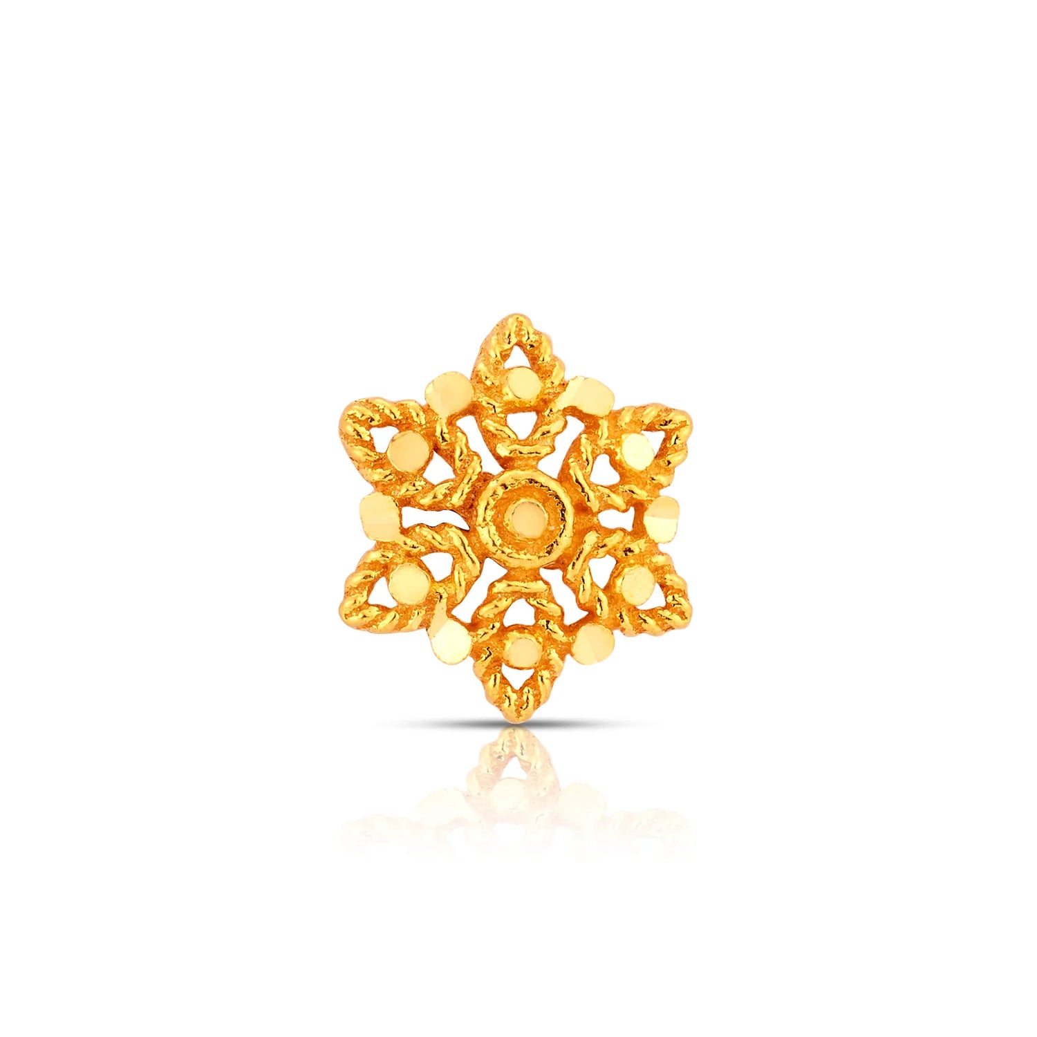 Front view of elegant star gold nose pin design with traditional indian craftsmanship and fine detailing