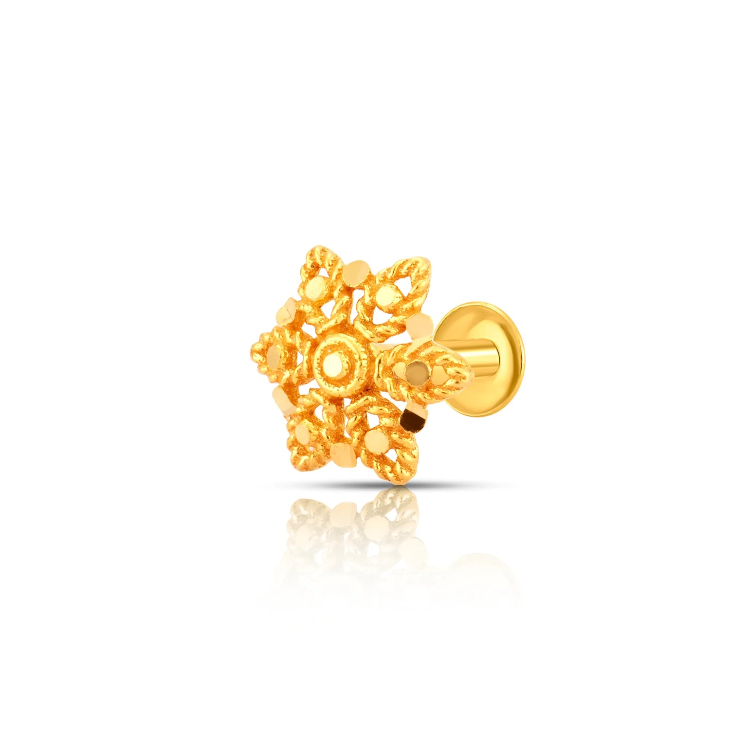 Intricate star shaped gold nose pin design crafted in 18k yellow gold featuring a detailed floral texture for women