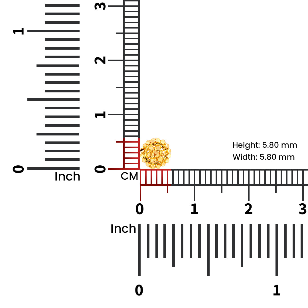 Auric Corona gold nose pin 18K with size dimensions 5.80 mm height and 5.80 mm width shown with measurement scale