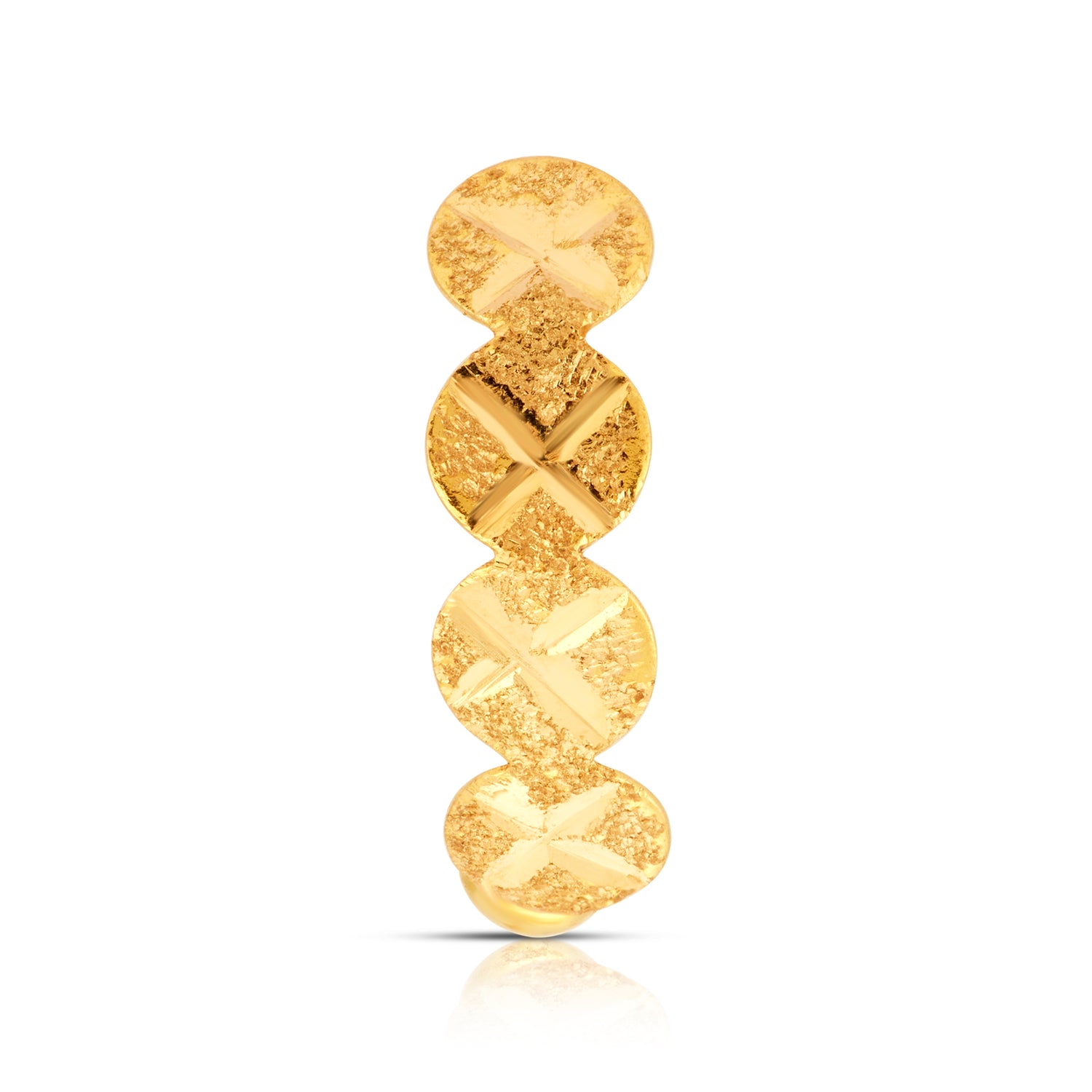 Crossbeam Circles gold nose ring crafted in 18K gold with detailed crosshatch texture and circular design, side view