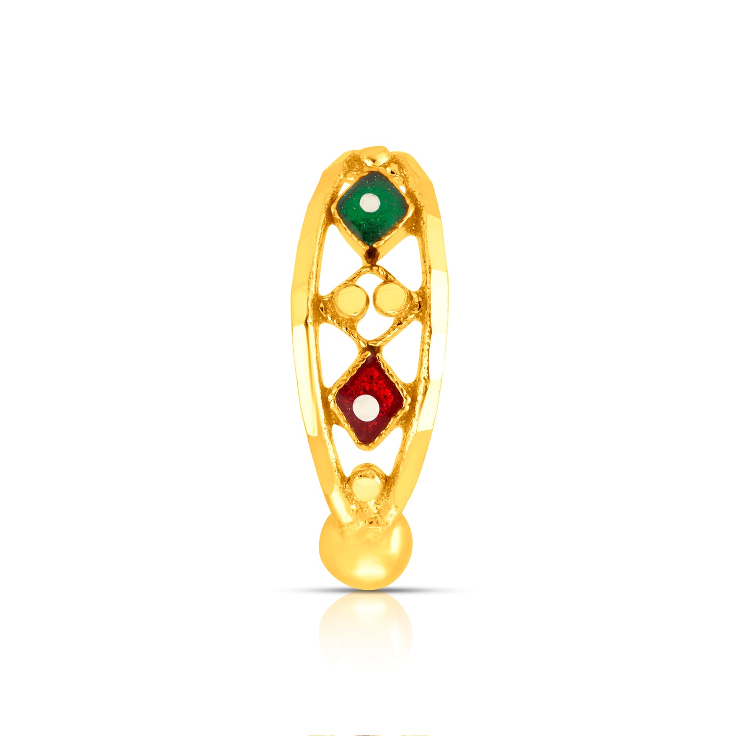 Festive Mosaic Gold Nose Pin by Yuvora in 18K gold with vibrant red and green stone design, traditional jewellery for all face shapes