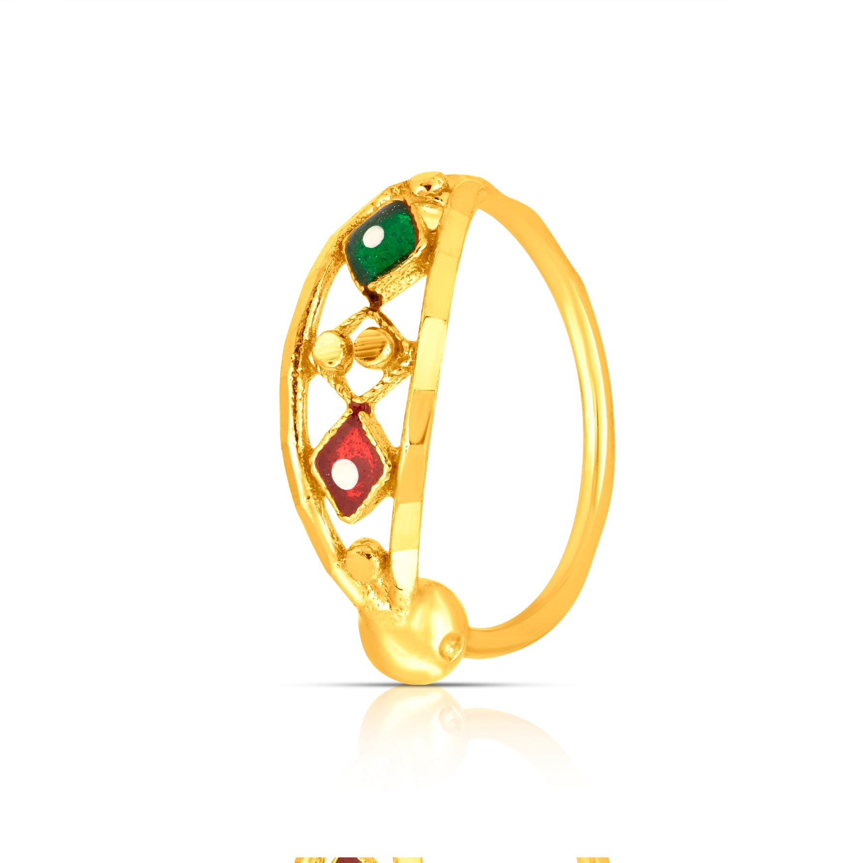 Festive Mosaic Gold Nose Pin by Yuvora crafted in 18K gold with colorful red and green design, elegant jewellery for all face shapes
