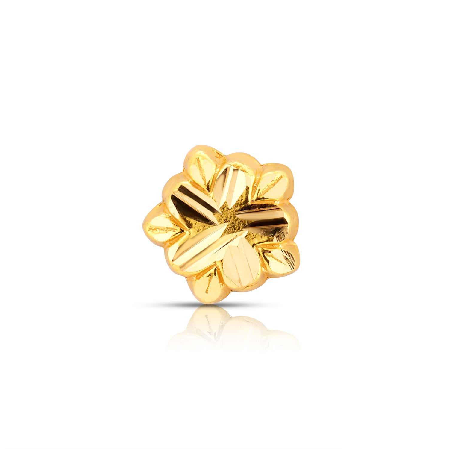Five-petal 18k gold nose pin with elegant floral design, crafted for everyday wear and traditional styling.