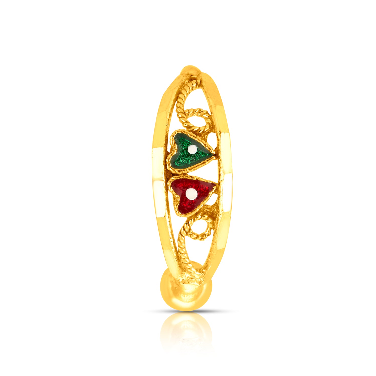Yuvora Heart Duet Gold Nose Ring crafted in 18K gold with dual heart design in red and green, elegant jewellery for diamond-shaped face