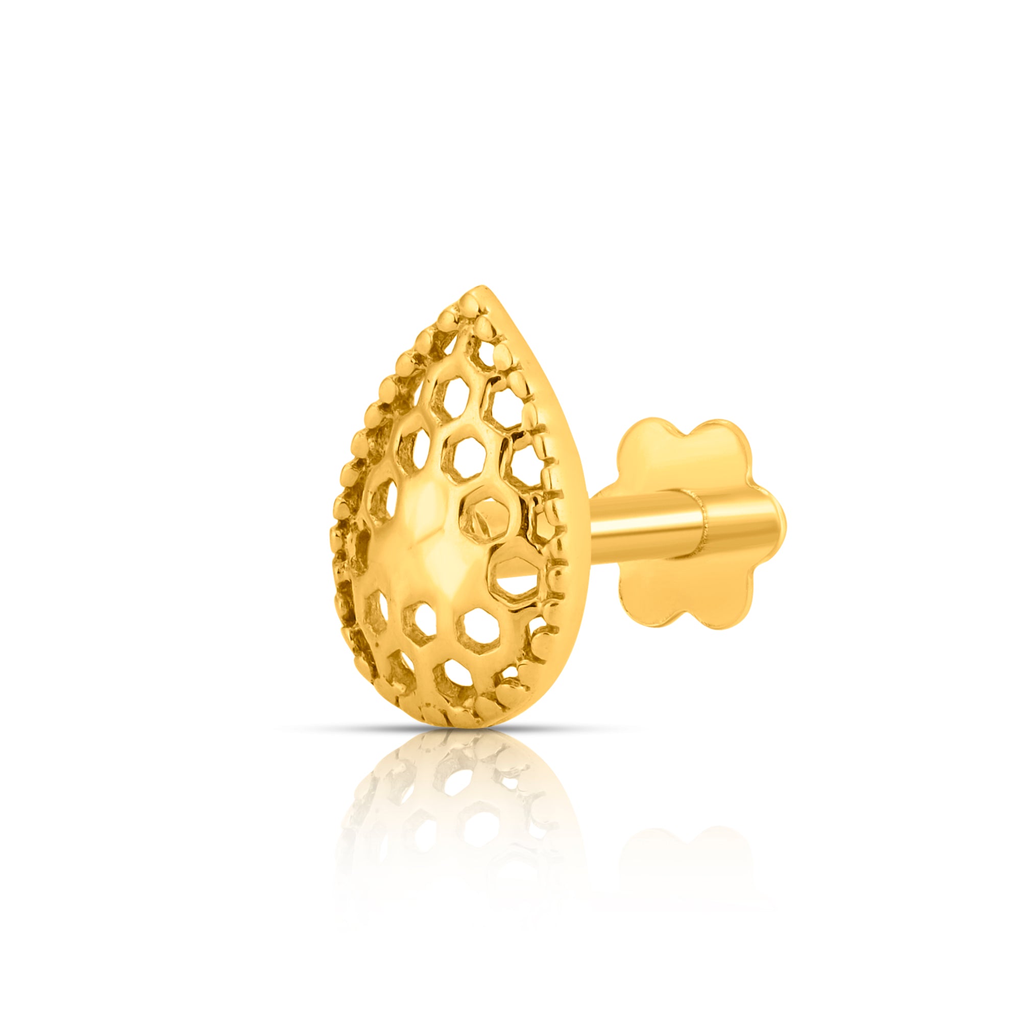 Elegant teardrop gold nose pin design crafted in 18k yellow gold featuring fine honeycomb detailing for women