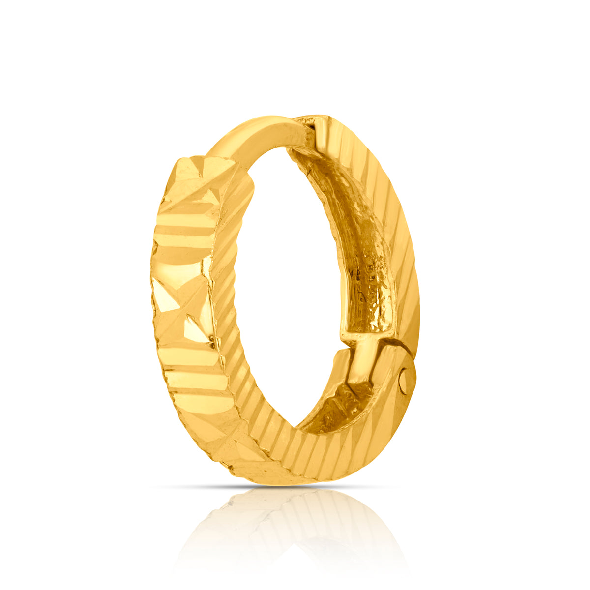 Luxora Fusion gold nose pin with rich geometric textures in 18K gold, blending traditional artistry with modern luxury