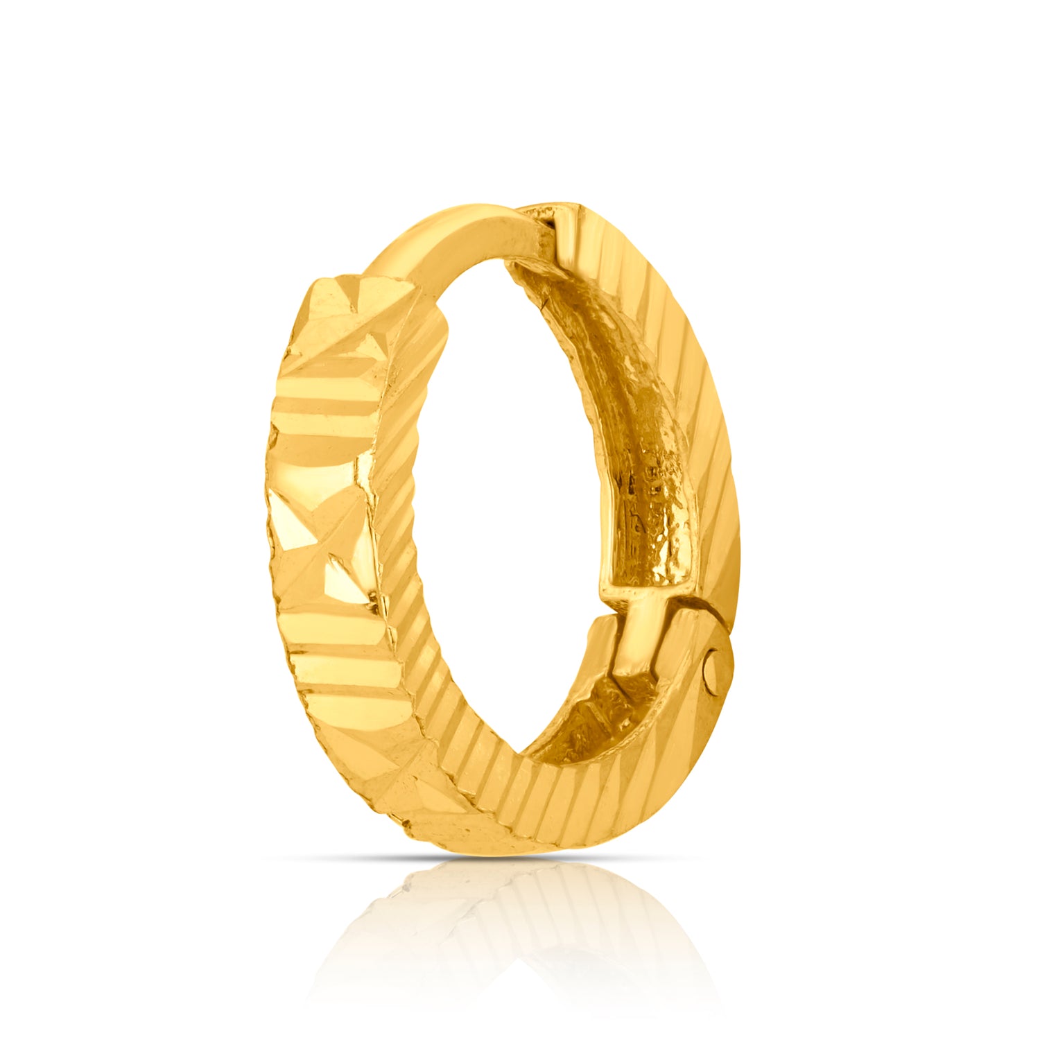 Luxora Fusion gold nose pin with rich geometric textures in 18K gold, blending traditional artistry with modern luxury