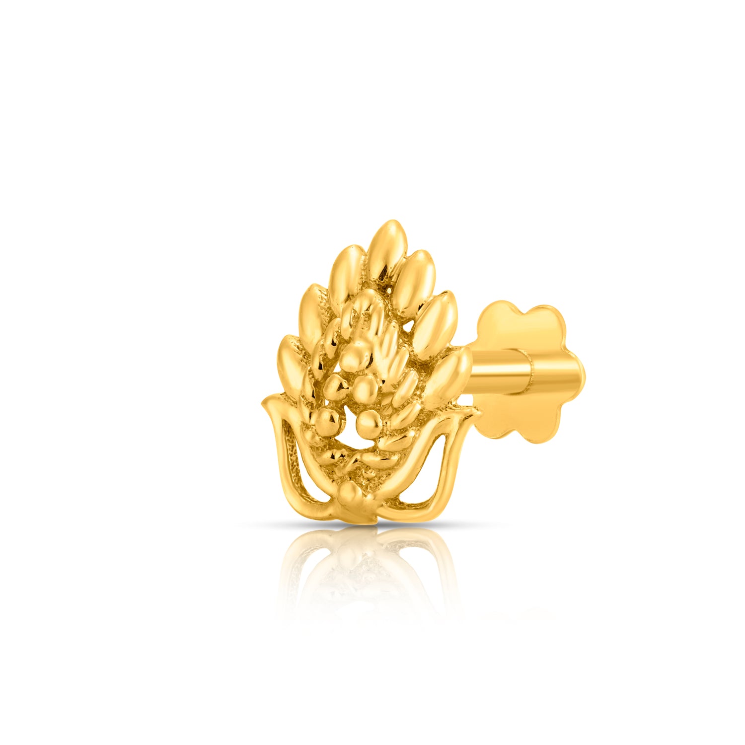 Peacock Plume gold nose pin with intricate feather-inspired design symbolizing grace and tradition