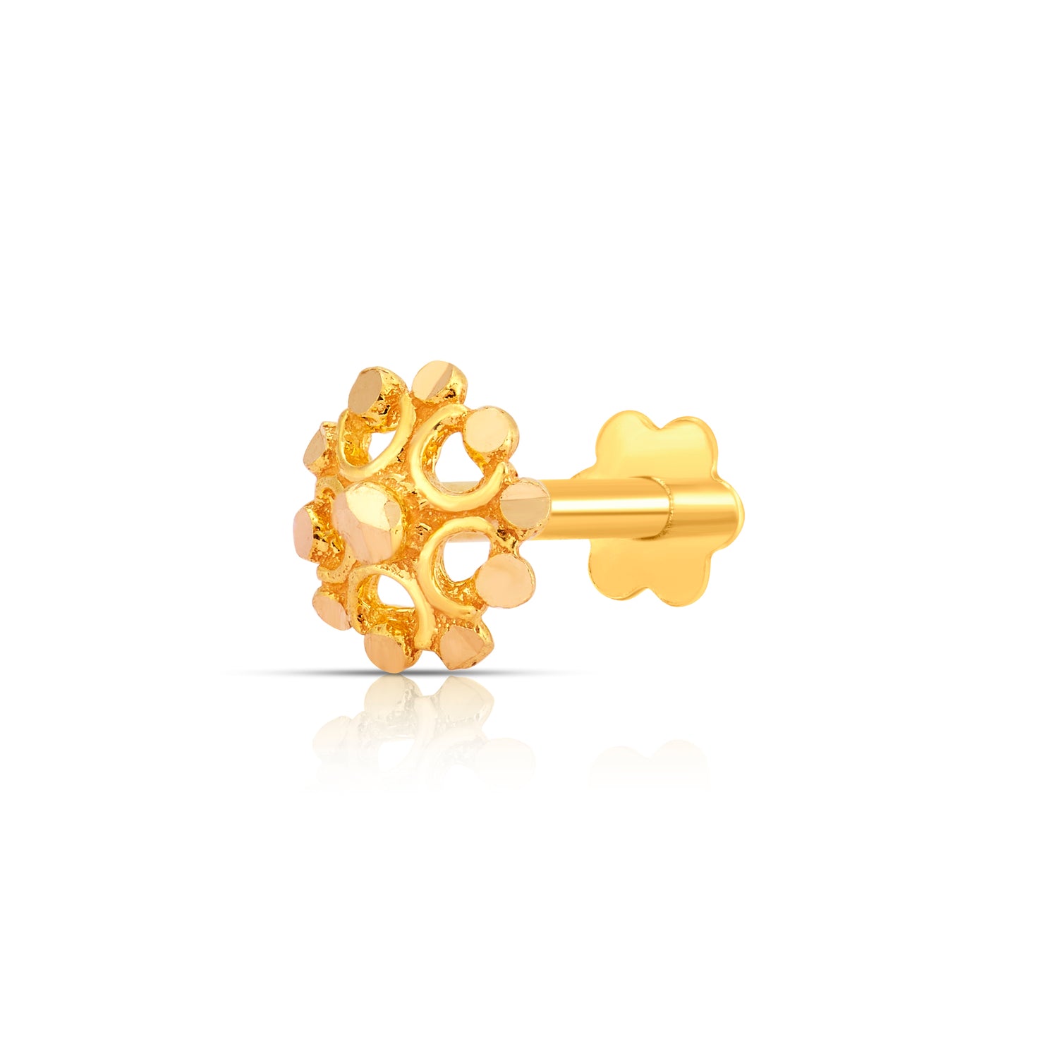 Petal Dome gold nose pin 18K angled view with intricate floral dome design on plain background