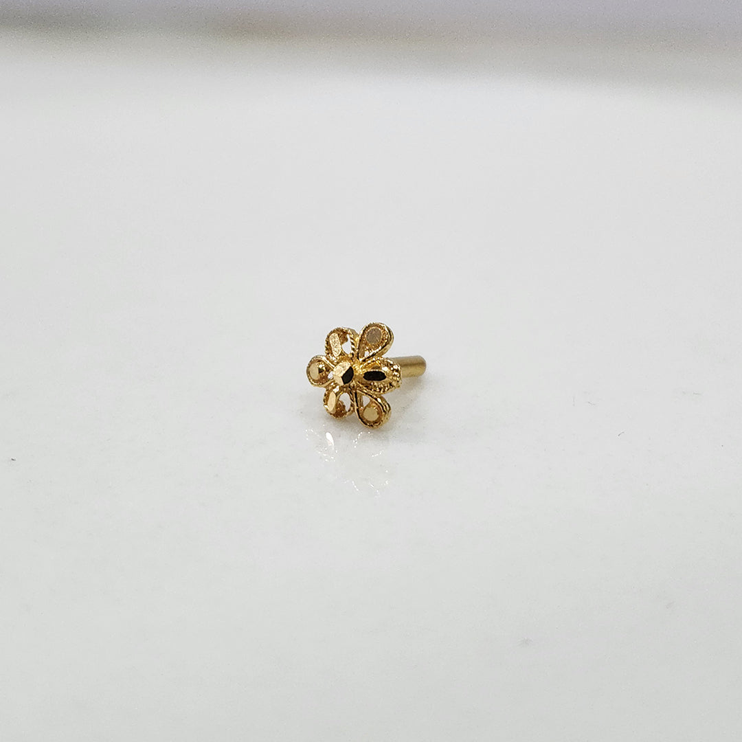 Petal Dome gold nose pin 18K angled view with intricate floral dome design on plain background