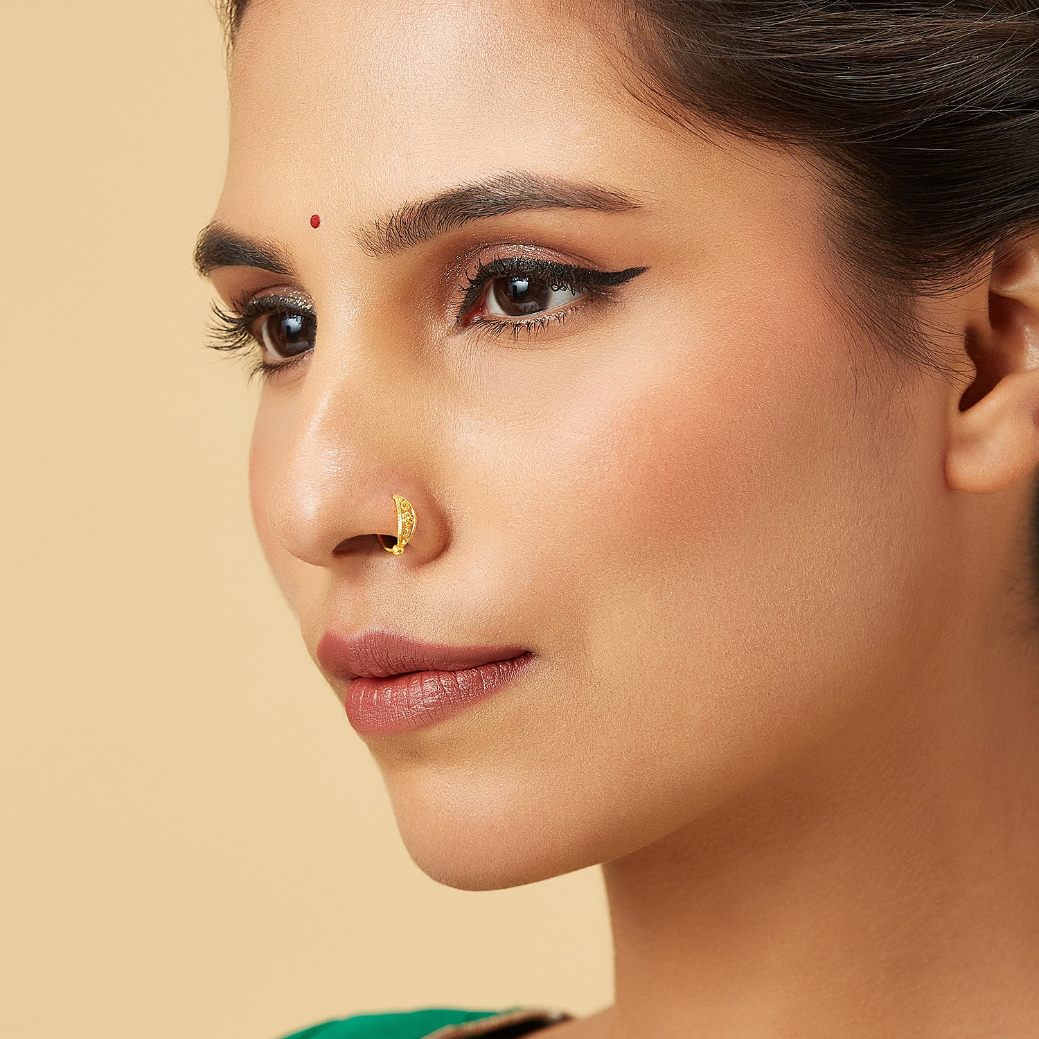 Petal Gold Nose Ring by Yuvora in 18K gold showcased on model, highlighting elegant floral filigree design and sophisticated look