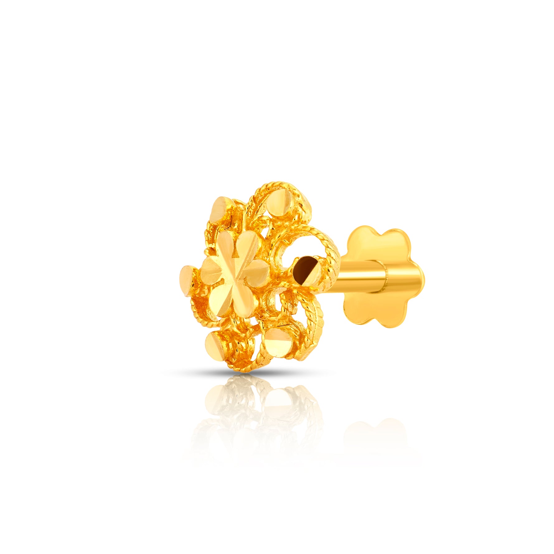 Radiant Filigree gold nose pin in 18K with intricate floral filigree design, elegant jewelry for women