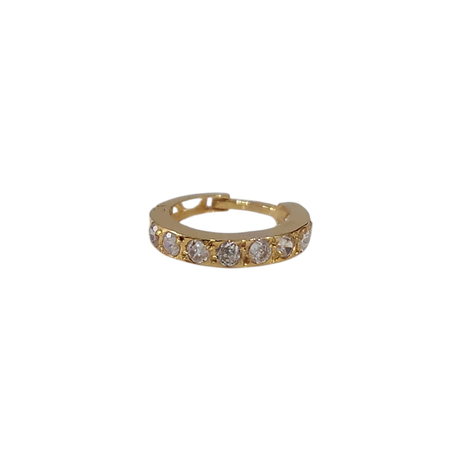 Regalia Aura gold nose ring with sparkling white stones shown in side view on a plain background