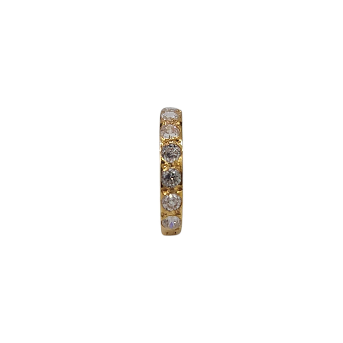Side view of Regalia Aura gold nose ring with sparkling white stones set in a sleek gold band