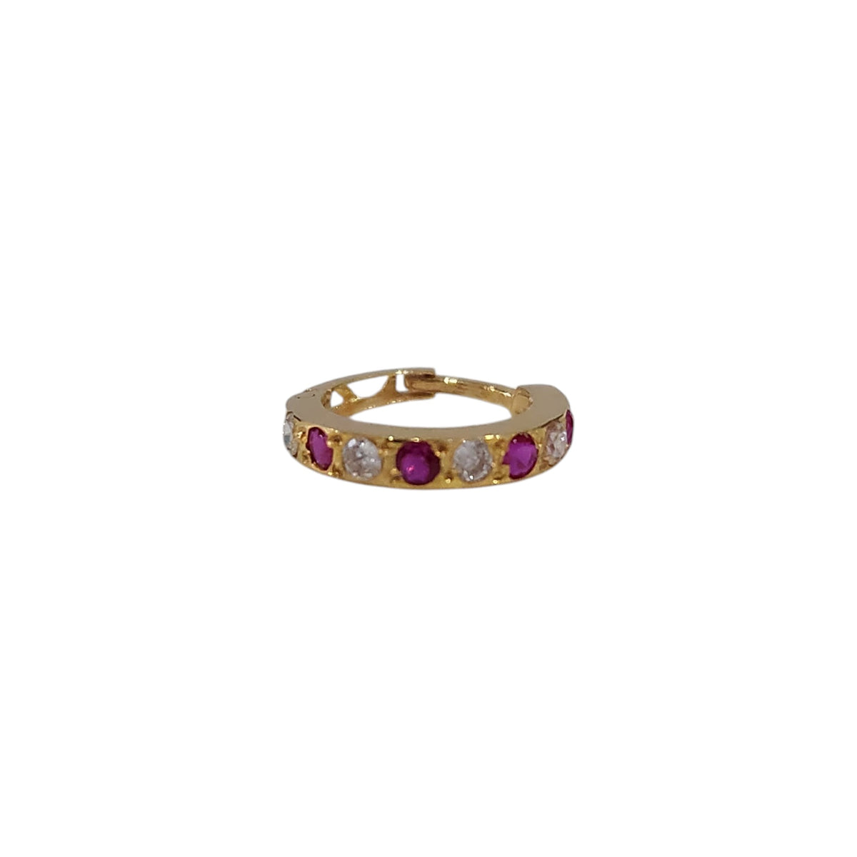 Regalia Aura Gold Nose Ring in flat view featuring alternating white and pink stones with 18K gold band