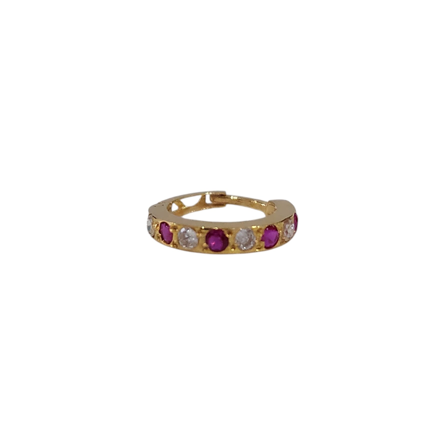 Regalia Aura Gold Nose Ring in flat view featuring alternating white and pink stones with 18K gold band