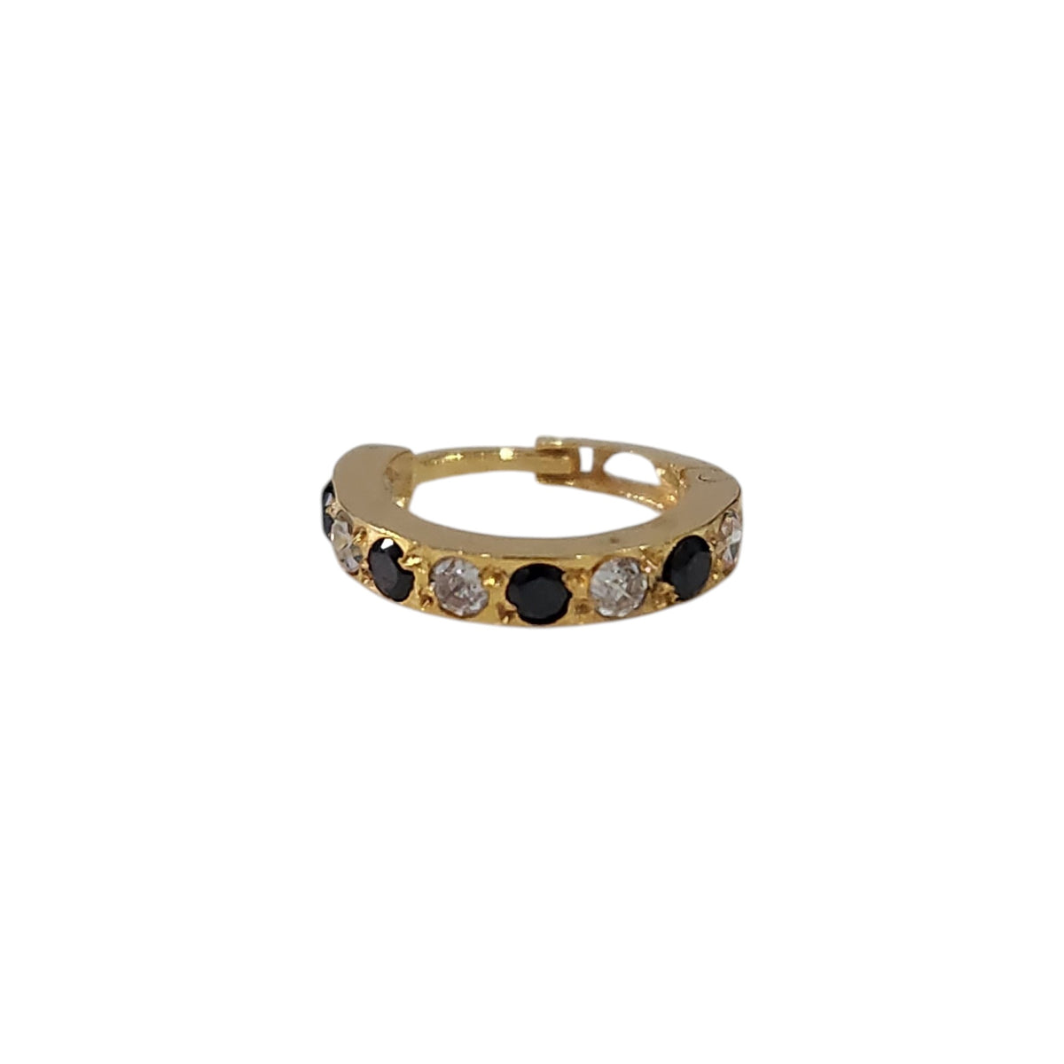 Regalia Aura gold nose ring featuring alternating black and white stones, displayed in a flat side view