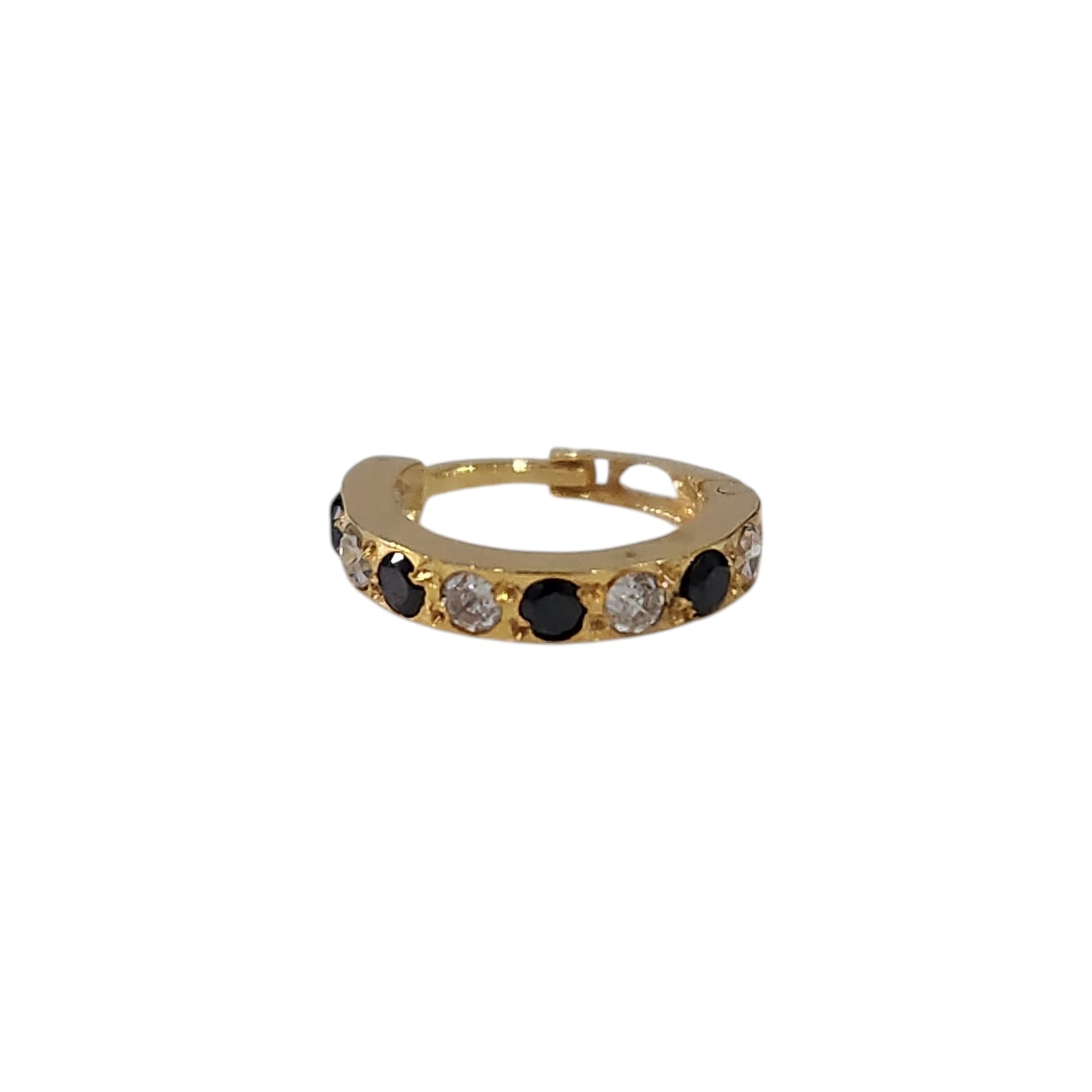 Regalia Aura gold nose ring featuring alternating black and white stones, displayed in a flat side view