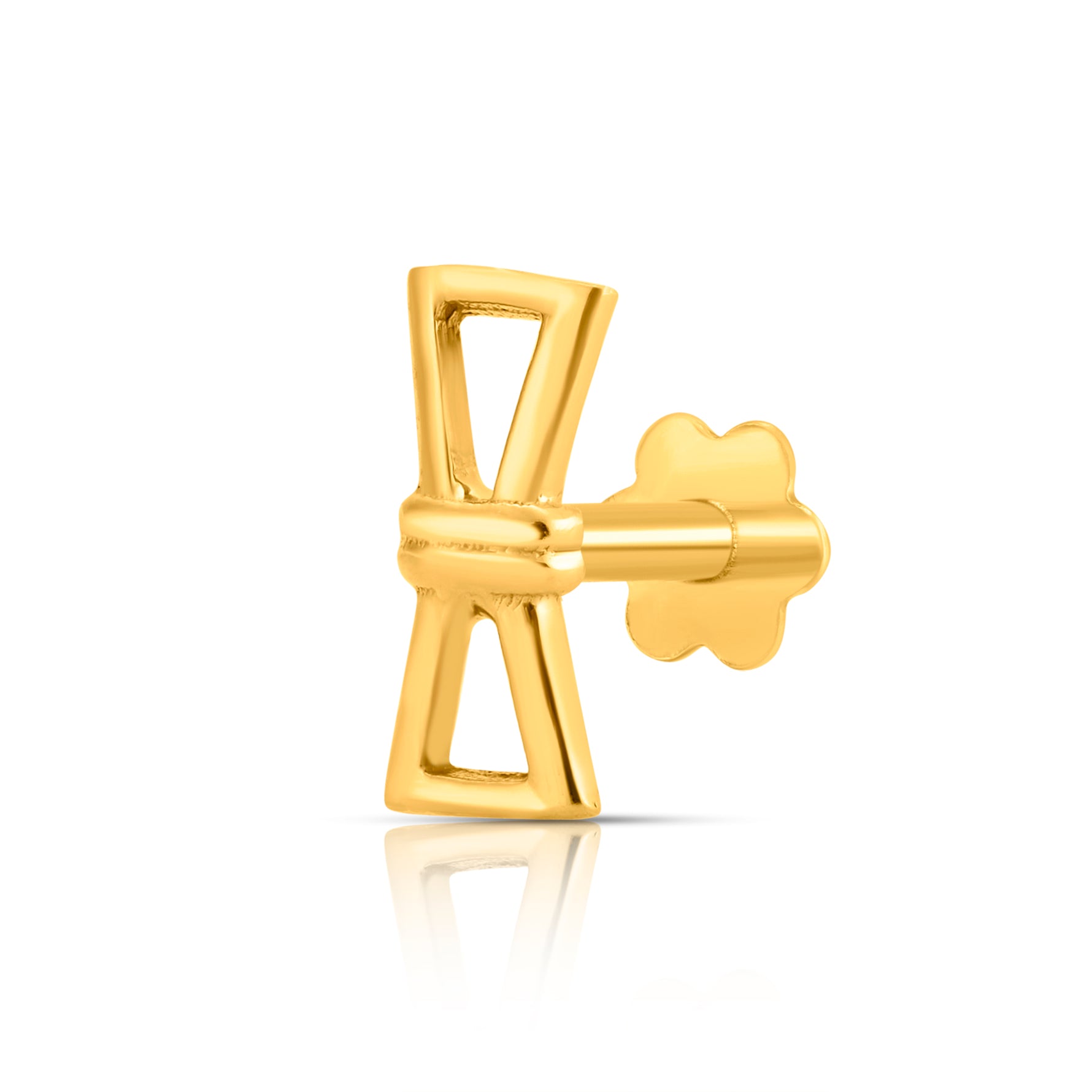 Ribbon Whisper gold nose pin in 18K gold with elegant bow-tie inspired design, side view on white background